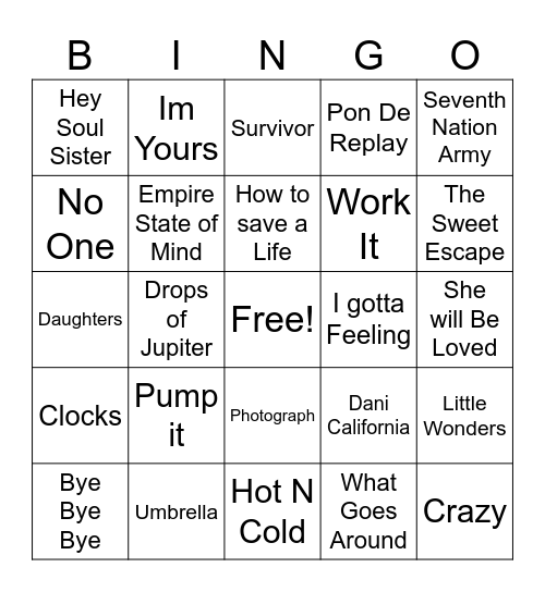 2000's Bingo Card