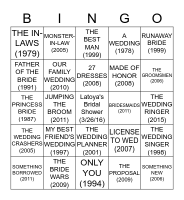 LATOYA'S BRIDAL SHOWER BINGO! Bingo Card