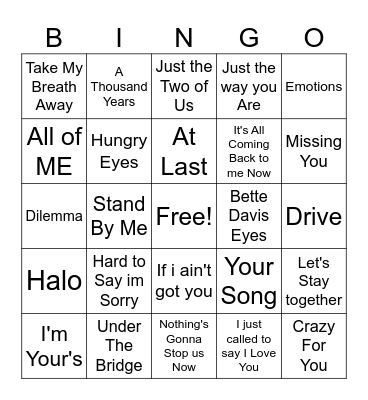 Love Tracks Bingo Card