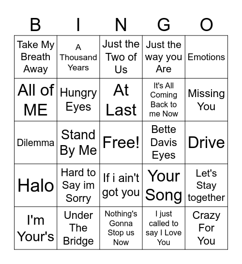 Love Tracks Bingo Card