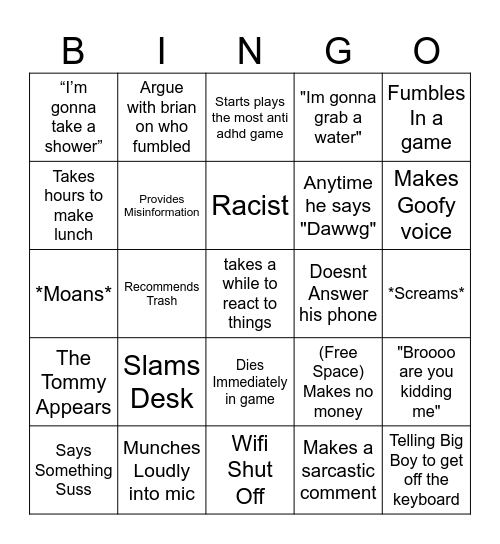 Jacks Bingo Game Bingo Card