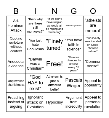 Shitty Theist Bingo Card