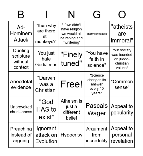 Shitty Theist Bingo Card