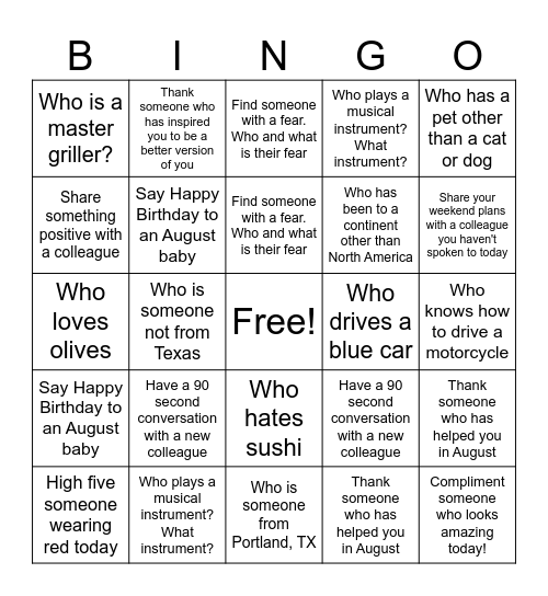 Getting to know my colleagues Bingo Card