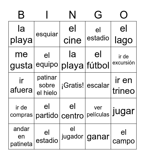 deportes y lugares without verbs Bingo Card