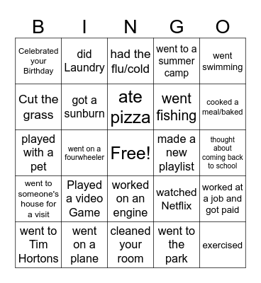 Summer Holidays Bingo Card