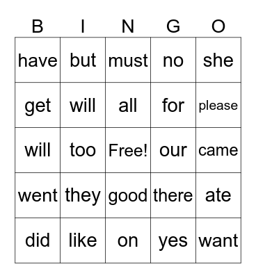 Sight Words Bingo Card
