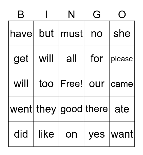 Sight Words Bingo Card