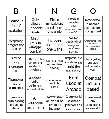 Roblox Undertale RPG Bingo Card