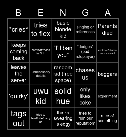 Roblox kid bingo Card