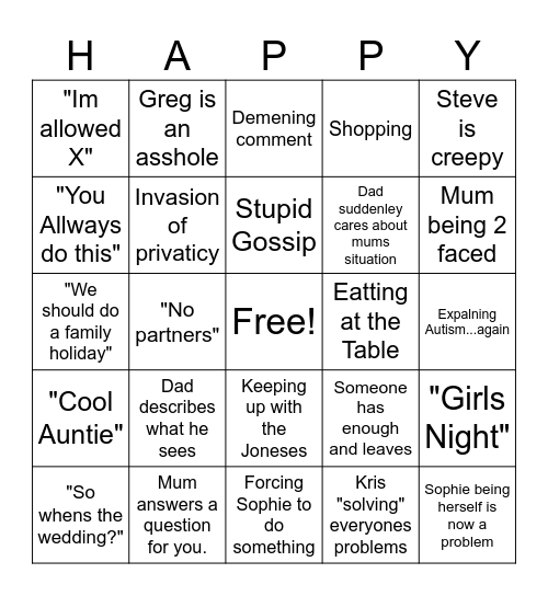 Happy Familes Bingo Card