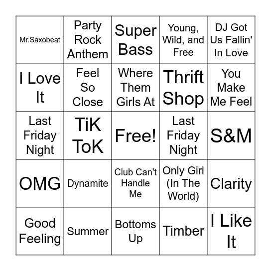 2010 Party Hits Bingo Card