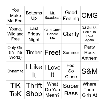 2010 Party Hits Bingo Card