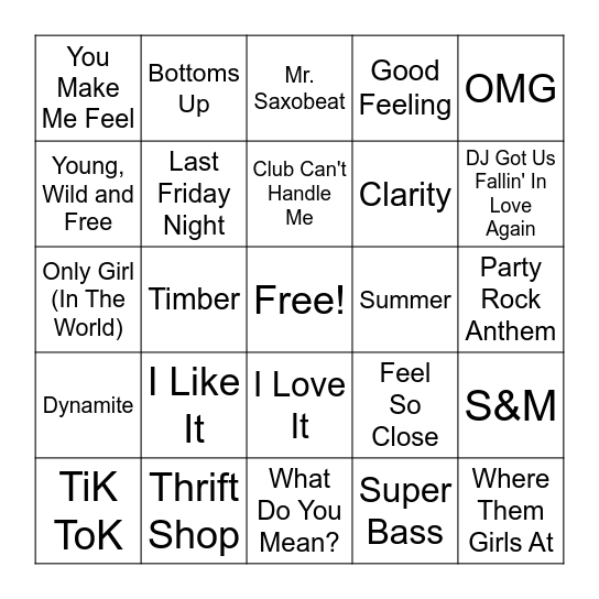 2010 Party Hits Bingo Card