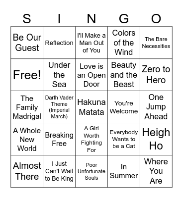 Disney SINGO Bingo Card