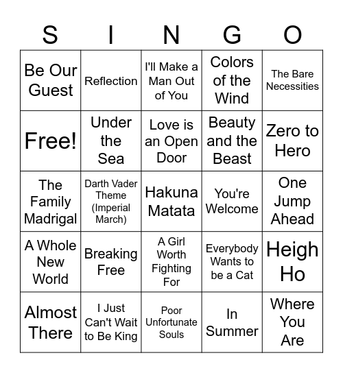 Disney SINGO Bingo Card