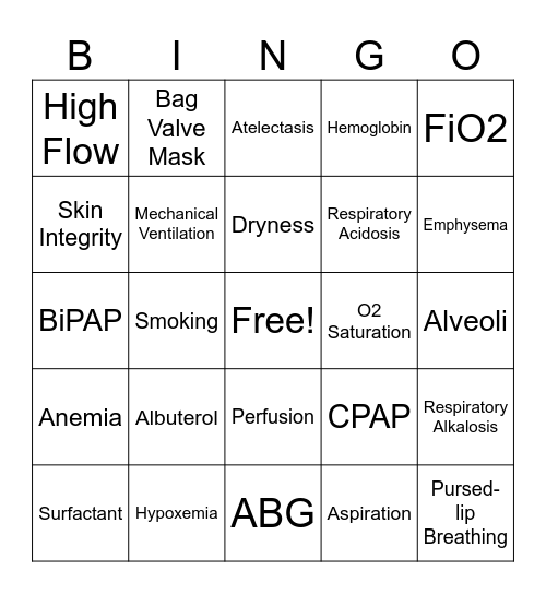 Oxygenation Bingo Card