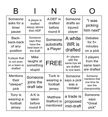 Fantasy Football Draft 2023 Bingo Card