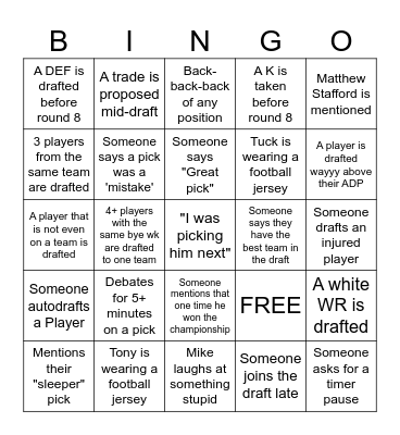 Fantasy Football Draft 2023 Bingo Card