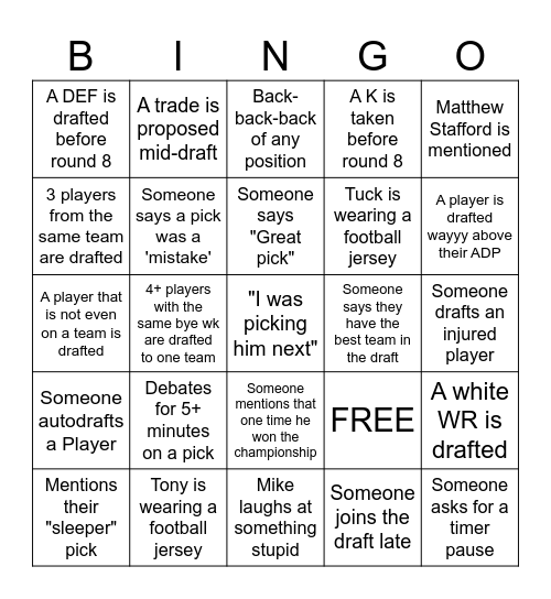 Fantasy Football Draft 2023 Bingo Card