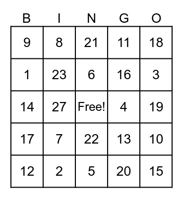 Number Bingo Card