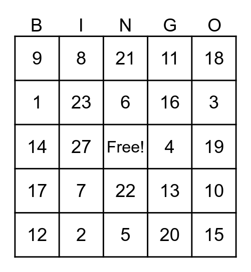 Number Bingo Card