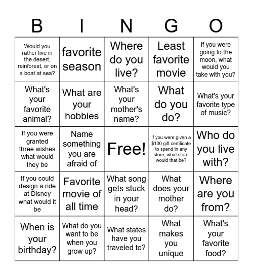 Getting to know Questions Bingo Card