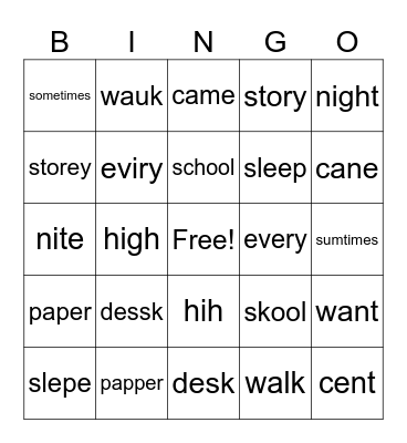 Spelling 9/1/2023 Bingo Card