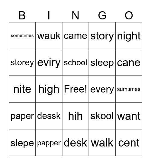Spelling 9/1/2023 Bingo Card