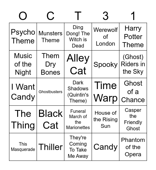 MUSIC BINGO #29  -  Halloween! Bingo Card