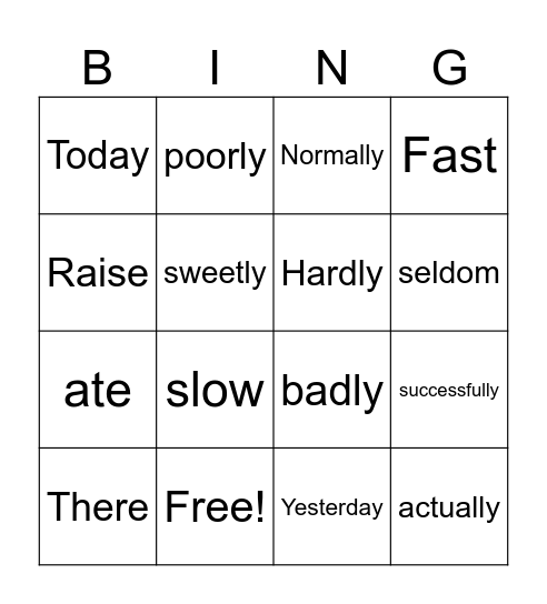 verbs and adverbs Bingo Card