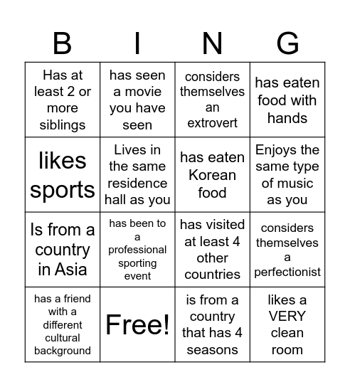 International Student Bingo Card