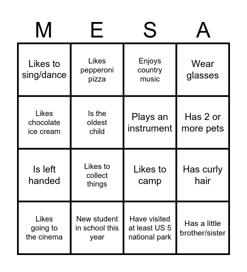 MESA Bingo Card