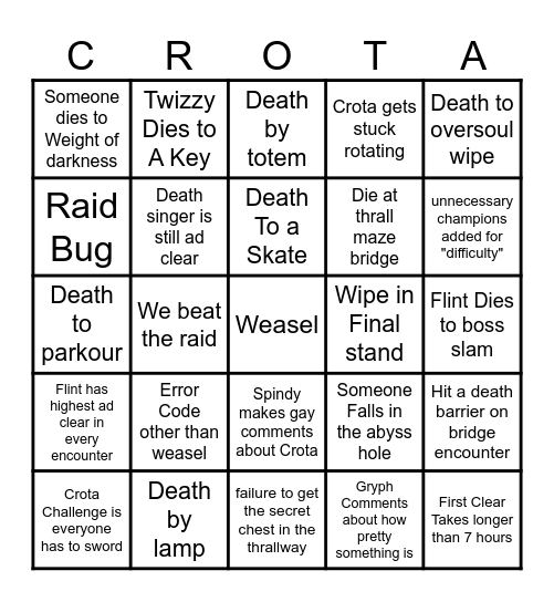 Crota Day One Bingo Card