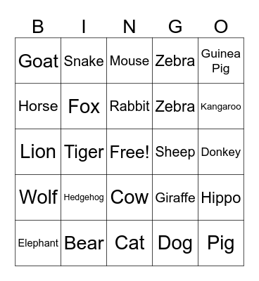 Animals Bingo Card