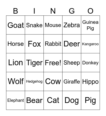 Animals Bingo Card