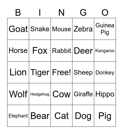Animals Bingo Card