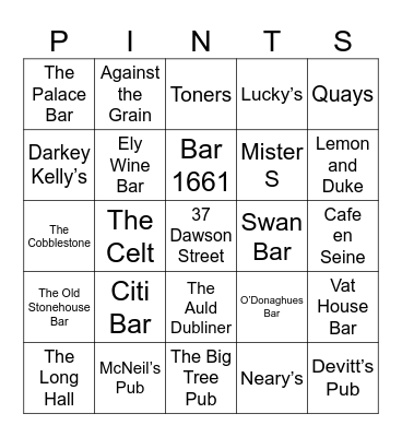 Dublin Pub Bingo Card