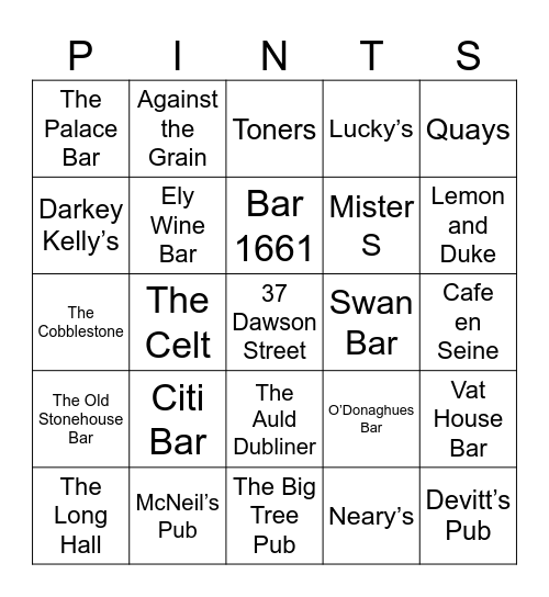 Dublin Pub Bingo Card