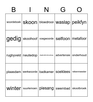 Afrikaans Bingo Card