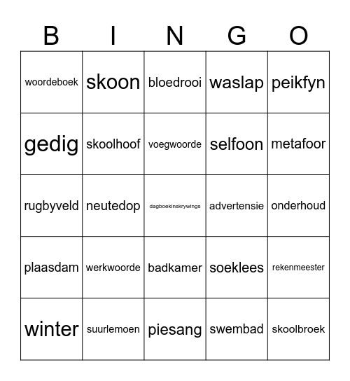 Afrikaans Bingo Card