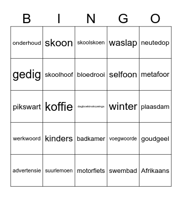 Afrikaans Bingo Card