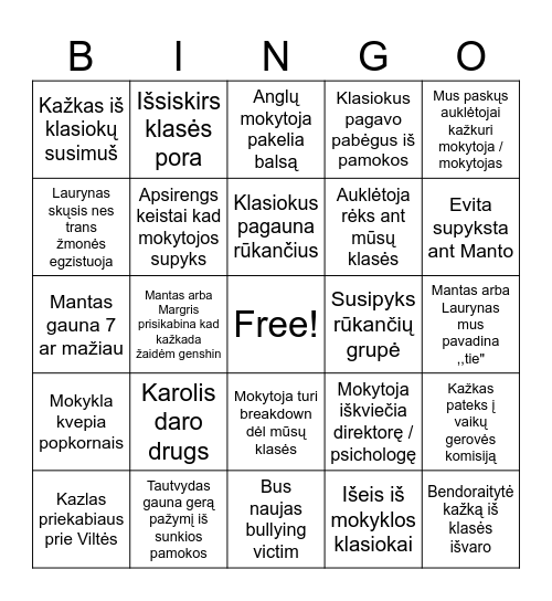 Vienuoliktos klasės bingo Card