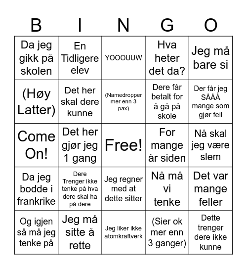 Engelsk Bingo Card