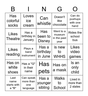 Middle School BINGO: Find someone who... Bingo Card