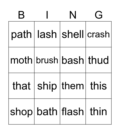 sh + th digraphs Bingo Card