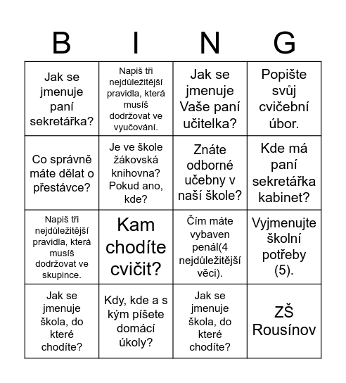 Škola Bingo Card