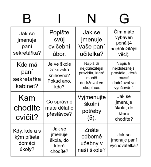 Škola Bingo Card