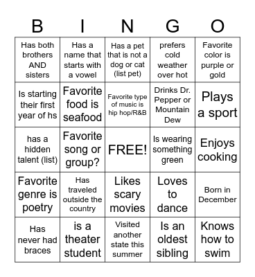 Getting to Know You Bingo Card