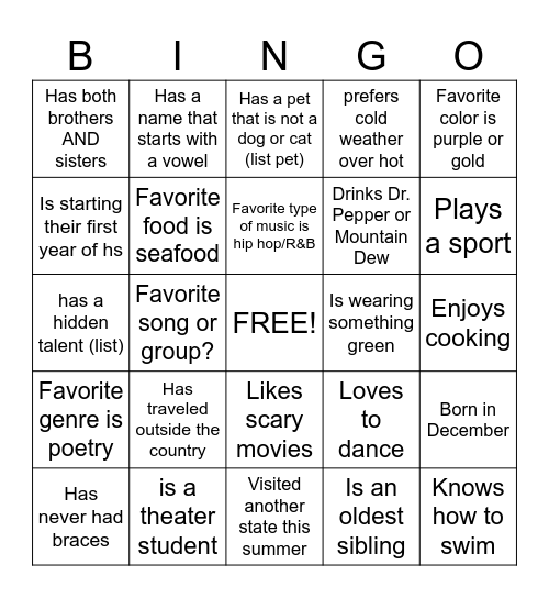 Getting to Know You Bingo Card